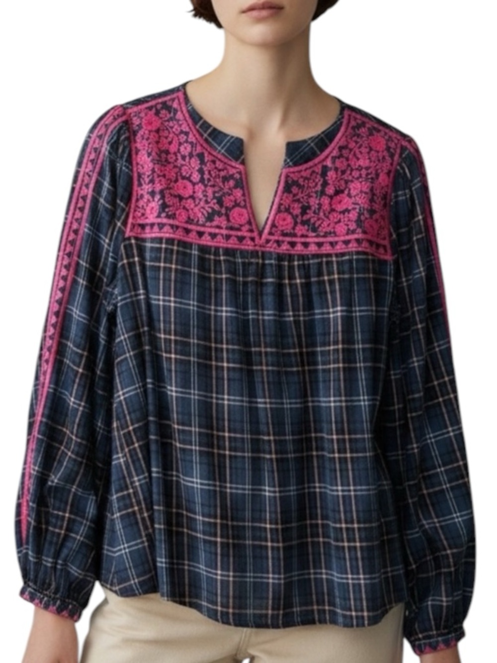 SAVANNA JANE Plaid Blouse with Embroidery in Navy/Hunter Green/Pink Size Small